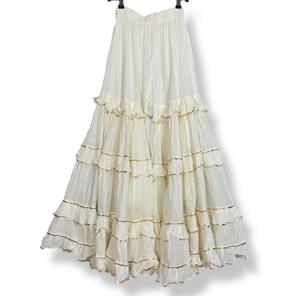 Other - Sharara Bottoms Pants Tiered Gold Trim Flared Voluminous Off-White Elastic Waist